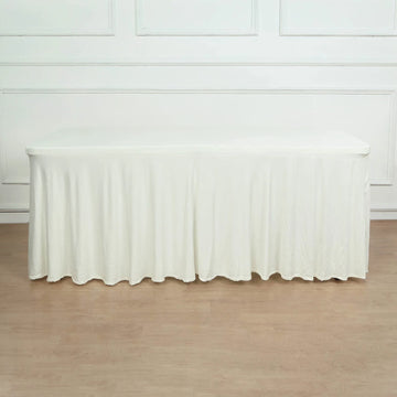 Ivory Wavy Spandex Fitted Rectangle 1-Piece Tablecloth Table Skirt 6ft, Stretchy Table Skirt Cover with Ruffles For 72"x30" Tables