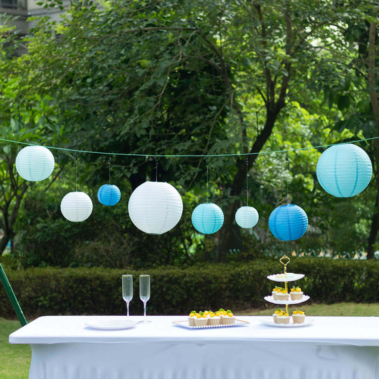 Set of 8 Mixed Blue White Hanging Paper Lanterns, Assorted Size Decorative Round Chinese