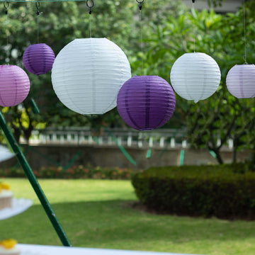 Set of 8 Mixed Purple White Hanging Paper Lanterns, Assorted Size Decorative Round Chinese Sky Lanterns - 6",8",10",14"