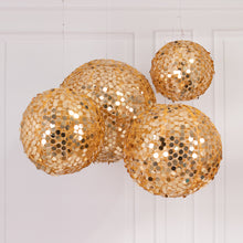 Set of 4 Shimmer Gold Payette Sequin Hanging Lanterns, Large Decorative Round Foldable Fabric