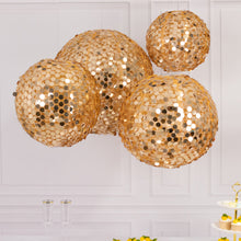 Set of 4 Shimmer Gold Payette Sequin Hanging Lanterns, Large Decorative Round Foldable Fabric