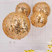 Set of 4 Shimmer Gold Payette Sequin Hanging Lanterns, Large Decorative Round Foldable Fabric