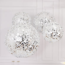 Set of 4 Shimmer Silver Payette Sequin Hanging Lanterns, Large Decorative Round Foldable Fabric