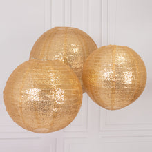 Set of 3 Shimmer Gold Sequin Fabric Hanging Lanterns, Large Decorative Round Foldable Chinese Lanter