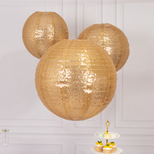 Set of 3 Shimmer Gold Sequin Fabric Hanging Lanterns, Large Decorative Round Foldable Chinese Lanter