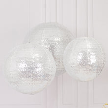 Set of 3 Shimmer Silver Sequin Fabric Hanging Lanterns, Large Decorative Round Foldable