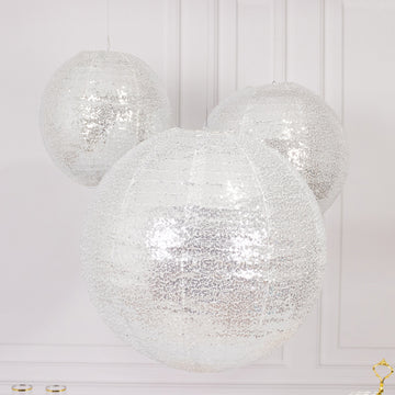 <h3 style="margin-left:0px;"><strong>Shimmering Silver Sequin Fabric Hanging Lanterns</strong>