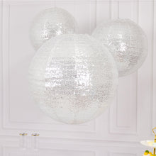 Set of 3 Shimmer Silver Sequin Fabric Hanging Lanterns, Large Decorative Round Foldable