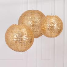 Set of 3 Shimmer Gold Sequin Fabric Hanging Lanterns