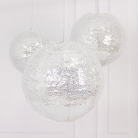 Set of 3 Shimmer Silver Sequin Fabric Hanging Lanterns, Decorative Round Foldable Chinese Lantern Lampshades - 8",10",12"