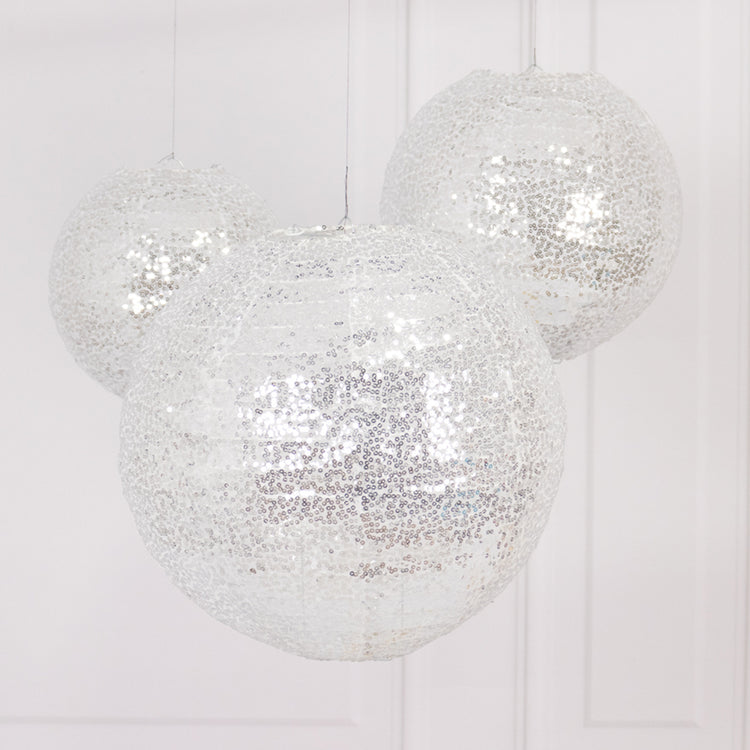 Set of 3 Shimmer Silver Sequin Fabric Hanging Lanterns