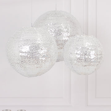 <h3 style="margin-left:0px;"><span style="background-color:transparent;color:#111111;">Versatile Silver Sequin Fabric Hanging Lanterns</span>