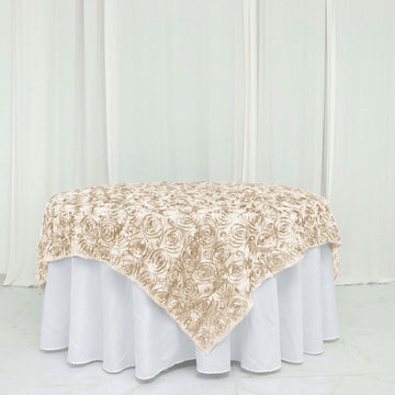 Beige 3D Rosette Satin Table Overlay, Square Tablecloth Topper 72"x72"