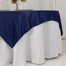 Navy Blue Lamour Satin Table Overlay, Square Tablecloth Topper