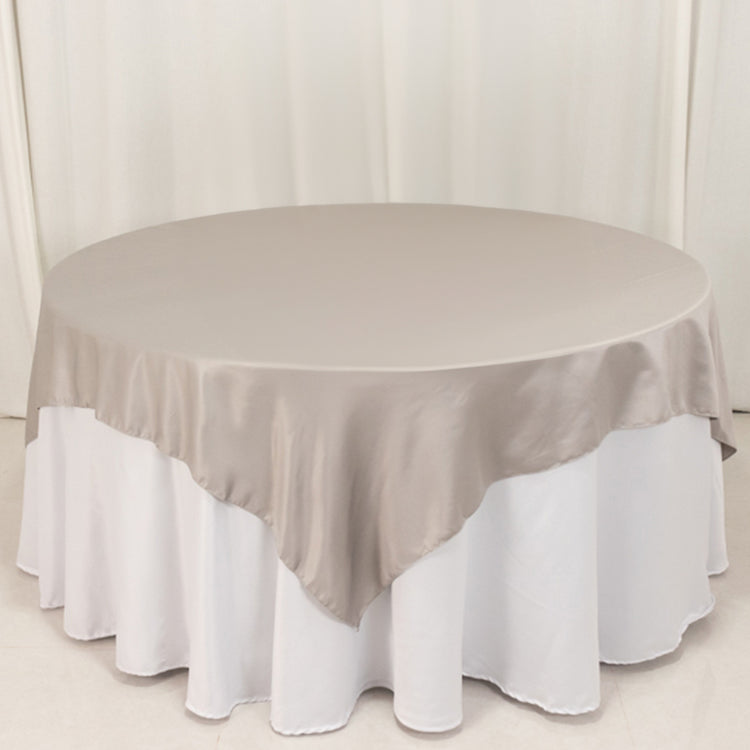 Silver Lamour Satin Table Overlay, Square Tablecloth Topper