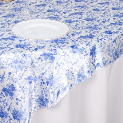 Satin Table Overlay 72"x72" White Blue with French Toile Floral Design - Classic Style for Refined Occasions