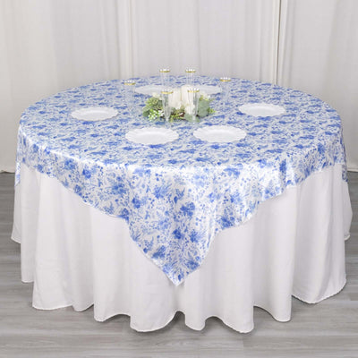 Satin Table Overlay 72"x72" White Blue with French Toile Floral Design - Classic Style for Refined Occasions