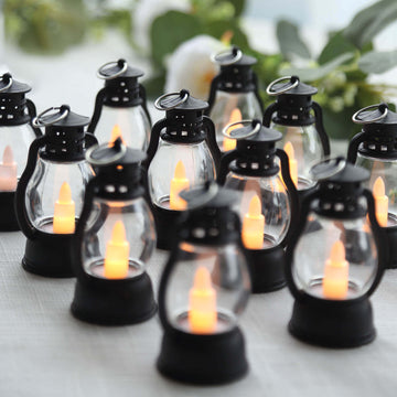 12 Pack Black Vintage Mini LED Candle Lanterns, Battery Operated Decorative Hanging Lanterns with Flickering LED Candles - 3.5"