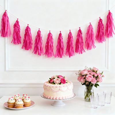 10 Pack Pre-Tied Pink Tissue Paper Tassel Garland – 12" Hanging Fringe Streamer Banner with 10ft String for Party Backdrop & Event Décor