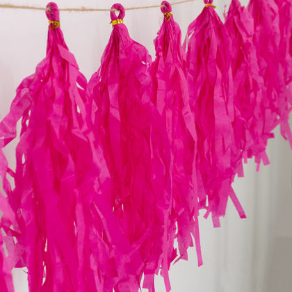 10 Pack Pre-Tied Pink Tissue Paper Tassel Garland – 12" Hanging Fringe Streamer Banner with 10ft String for Party Backdrop & Event Décor