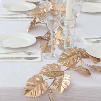 Artificial Monstera Leaf Table Garland 7ft Metallic Gold - Faux Hanging Vine for Jungle Tropical Themed Weddings Parties & Events