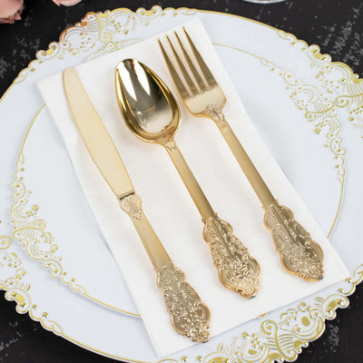 24 Pcs Plastic Silverware Set Metallic Gold in Baroque Style - Heavy Duty Disposable Knife, Fork, and Spoon Set