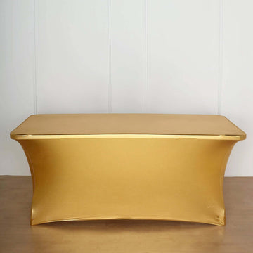 Metallic Gold Stretch Spandex Rectangle Tablecloth 6ft Wrinkle Free Fitted Table Cover for 72"x30" Tables