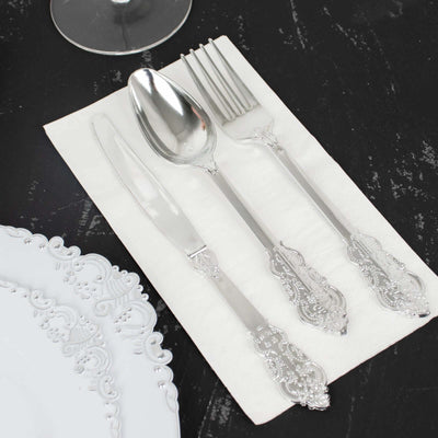 24 Pcs Plastic Silverware Set Metallic Silver in Baroque Style - Heavy Duty Disposable Knife, Fork, and Spoon Set