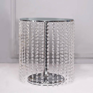 Metallic Silver Cake Stand, Cupcake Dessert Pedestal With Crystal Chains 14" Round 16" Tall