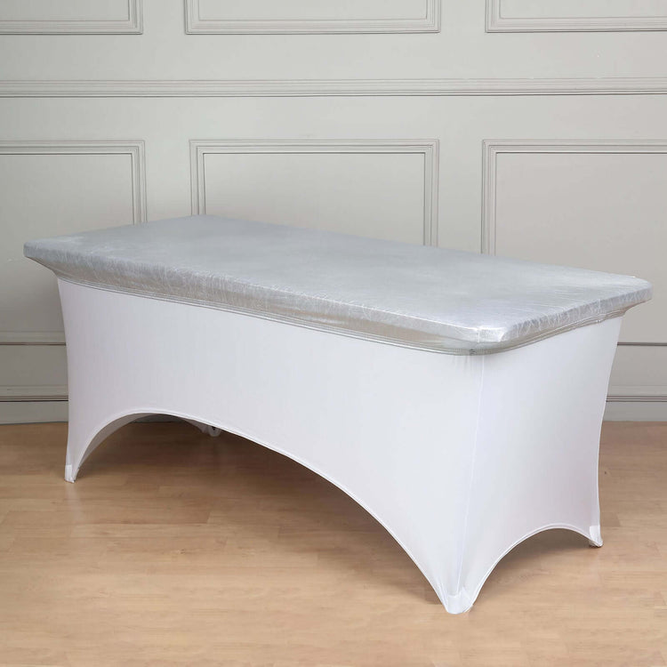 Metallic Silver Spandex Stretch Fitted Banquet Table Top Cover 6ft Wrinkle Free Fitted Table Cover