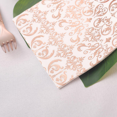 20-Pack Paper Dinner Napkins 3 Ply Metallic Rose Gold with Vintage Print - Disposable Wedding Cocktail Napkins