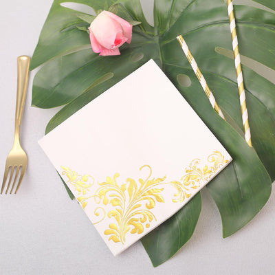 20-Pack Paper Dinner Napkins 3 Ply Metallic Gold with Floral Design - Disposable Wedding Cocktail Napkins