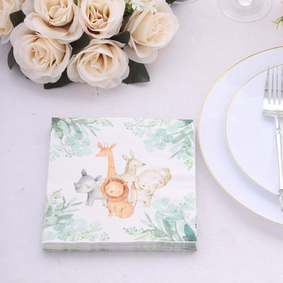 20-Pack Paper Beverage Napkins 2 Ply with Safari Animal Print 6.5"x6.5" - Jungle Theme Disposable Cocktail Party Napkins 18GSM