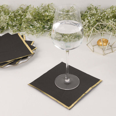 50-Pack Paper Beverage Napkins 2 Ply Black with Gold Foil Edge 6.5"x6.5" - Soft Disposable Cocktail Napkins