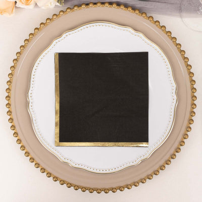 50-Pack Paper Beverage Napkins 2 Ply Black with Gold Foil Edge 6.5"x6.5" - Soft Disposable Cocktail Napkins
