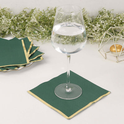 50-Pack Paper Beverage Napkins 2 Ply Hunter Emerald Green with Gold Foil Edge 6.5"x6.5" - Soft Disposable Cocktail Napkins