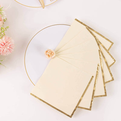 50-Pack Paper Beverage Napkins 2 Ply Ivory with Gold Foil Edge 6.5"x6.5" - Soft Disposable Cocktail Napkins