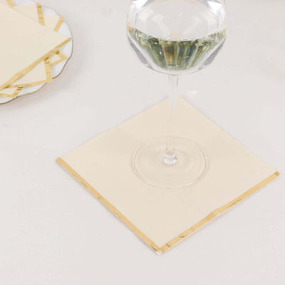 50-Pack Paper Beverage Napkins 2 Ply Ivory with Gold Foil Edge 6.5"x6.5" - Soft Disposable Cocktail Napkins
