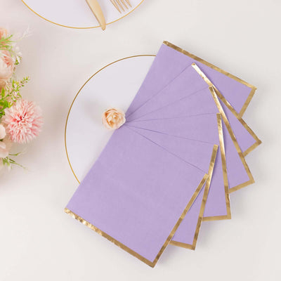 50-Pack Paper Beverage Napkins 2 Ply Lavender with Gold Foil Edge 6.5"x6.5" - Soft Disposable Cocktail Napkins