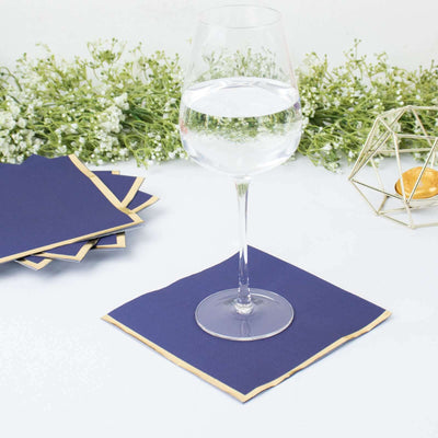 50-Pack Paper Beverage Napkins 2 Ply Navy Blue with Gold Foil Edge 6.5"x6.5" - Soft Disposable Cocktail Napkins