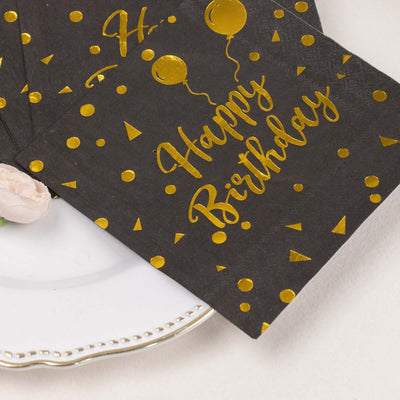 20-Pack Paper Beverage Napkins 2 Ply Black/Gold with Happy Birthday Foil Print 6.5"x6.5" - Soft Disposable Cocktail Party Napkins 18GSM