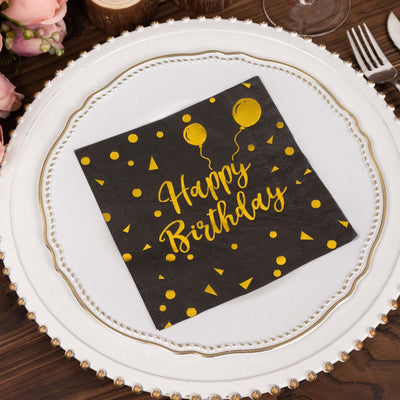 20-Pack Paper Beverage Napkins 2 Ply Black/Gold with Happy Birthday Foil Print 6.5"x6.5" - Soft Disposable Cocktail Party Napkins 18GSM