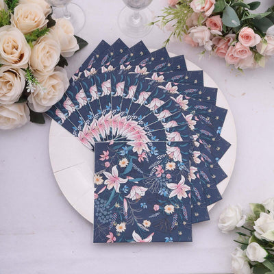 20-Pack Paper Beverage Napkins 2 Ply Navy Blue with Water Lily Floral Design 6.5"x6.5" - Soft 2-Ply Disposable Beverage Napkins 18GSM