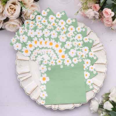 20-Pack Paper Beverage Napkins 2 Ply Sage Green with Daisy Flower Design 6.5"x6.5" - Soft 2-Ply Disposable Beverage Napkins 18GSM