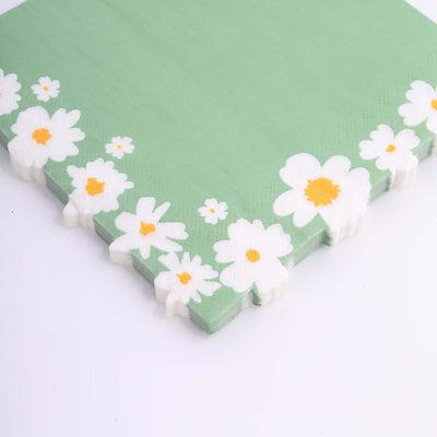 20-Pack Paper Beverage Napkins 2 Ply Sage Green with Daisy Flower Design 6.5"x6.5" - Soft 2-Ply Disposable Beverage Napkins 18GSM