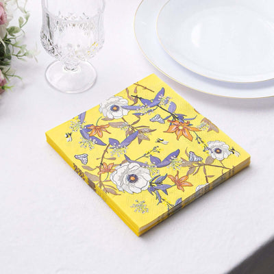 20-Pack Paper Beverage Napkins 2 Ply Bright Yellow with Blooming Flowers Design 6.5"x6.5" - Soft Botanical Floral Wedding Cocktail Napkins 18GSM