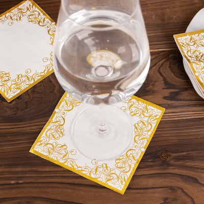 20-Pack Paper Beverage Napkins 3 Ply White with Gold Foil Lace Design 5"x5" - Soft European Style Wedding Napkins 18GSM