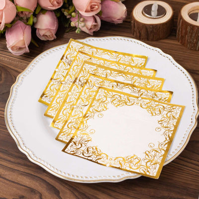 20-Pack Paper Beverage Napkins 3 Ply White with Gold Foil Lace Design 5"x5" - Soft European Style Wedding Napkins 18GSM