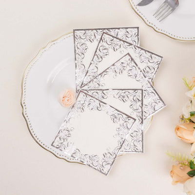 20-Pack Paper Beverage Napkins 3 Ply White with Silver Foil Lace Design 5"x5" - Soft European Style Wedding Napkins 18GSM