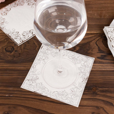 20-Pack Paper Beverage Napkins 3 Ply White with Silver Foil Lace Design 5"x5" - Soft European Style Wedding Napkins 18GSM